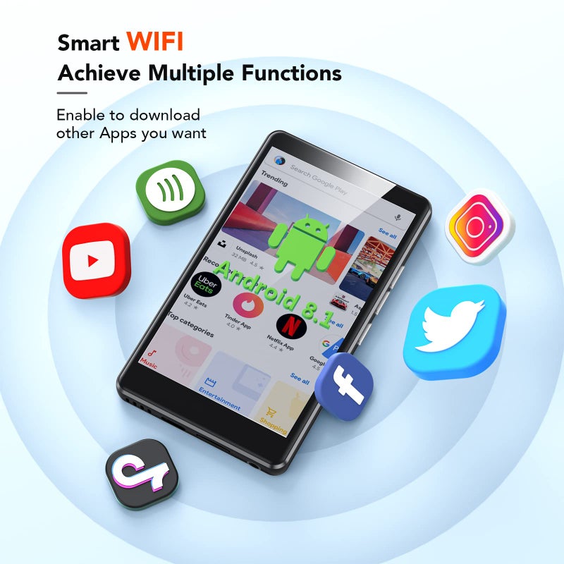 AGPTEK 80GB WiFi MP3 Player with Bluetooth and 5MP Camera, 4 inch Touch Screen MP4 Player Lossless Music Player, Support APPs, Spotify, Browser, Blue - Image 3