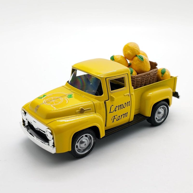 Lemon Decor - 4.9″Farmhouse Vintage Metal Truck with Mini Fake Lemons for Home Kitchen Table, Shelf, Party Decorations and Lemonade Stand Decor Summer Tiered Tray Decoration