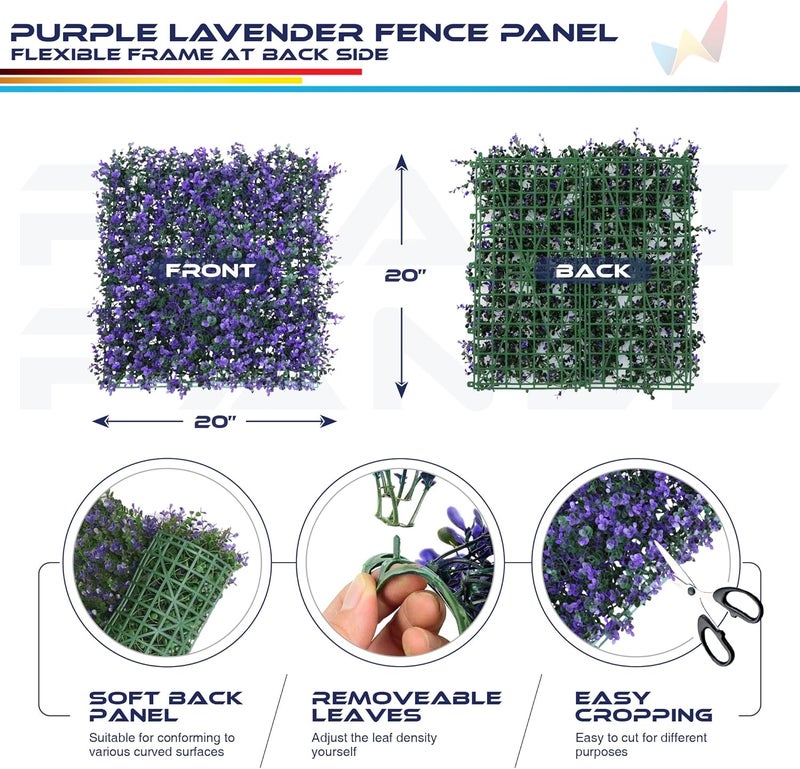 Windscreen4less 6 PCS 20"x20" Artificial Boxwood Panels Faux Plant Grass Green Wall Panel Decoration for Outdoor Indoor Garden Backyard (Lavender Purple) - Image 3