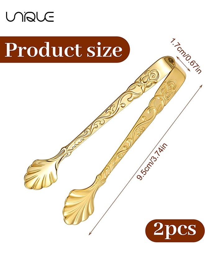 Unique 2 PCS Gold Mini Serving Tongs, Vintage Rose Relief Handle Ice Cube Clips Sugar Tongs, Stainless Steel Sugar Cube, for Tea Coffee Appetizers Desserts, for Tea Party, Coffee, Kitchen - Gold - Image 2