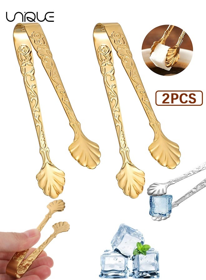 Unique 2 PCS Gold Mini Serving Tongs, Vintage Rose Relief Handle Ice Cube Clips Sugar Tongs, Stainless Steel Sugar Cube, for Tea Coffee Appetizers Desserts, for Tea Party, Coffee, Kitchen - Gold - Image 1