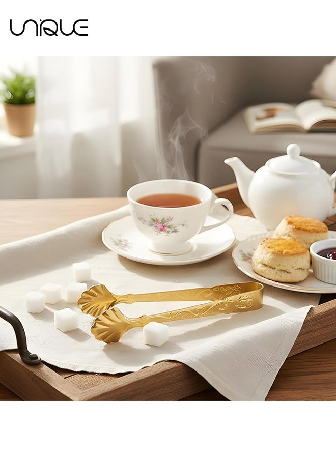Unique 2 PCS Gold Mini Serving Tongs, Vintage Rose Relief Handle Ice Cube Clips Sugar Tongs, Stainless Steel Sugar Cube, for Tea Coffee Appetizers Desserts, for Tea Party, Coffee, Kitchen - Gold - Image 5