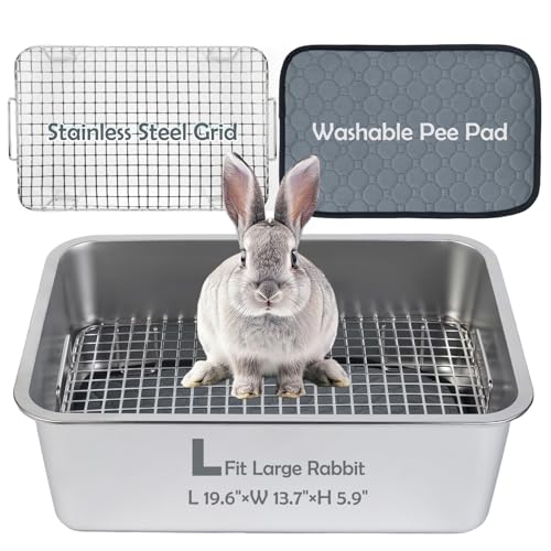 MEEXPAWS Rabbit Litter Box Stainless Steel, Large Bunny Litter Box with Raised Grid and Washable Pee Pad, Metal Litter Pan High Side for Rabbit,Small Animal Toilet Potty Tray Easy Cleaning,Less Stink - Image 1