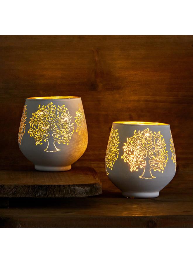Home Box Evren 2-Piece Cutwork Tealight Candleholder Set with LED Lights - 9x9x9 cm - Image 1