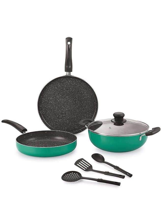 Nirlon Aluminium Non Stick Non Induction Cookware Set with Glass Lid & 3 Spoon - Green - Image 1
