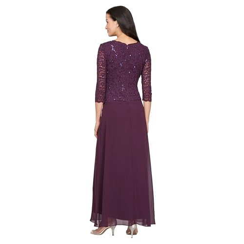 Alex Evenings Women's 3/4 Sleeve Stretch Lace Bodice One Piece Mother of the Bride Dress, Deep Plum, 16P - Image 3