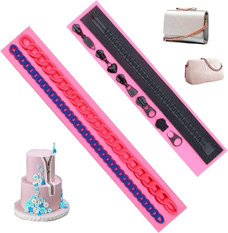 Guratapa 2 PCS Zipper Chain Silicone Molds for DIY Fondant Candy Making Chocolate Mold Desserts Ice Cube Gum Clay Biscuit Plaster Resin Cupcake Topper Cake Decor Purse Bag Moulds  - Image 1