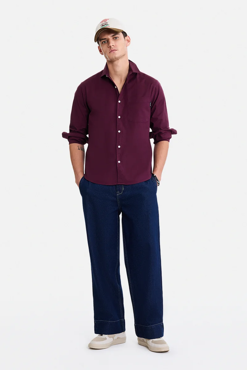 SNITCH Maroon Solid Long Sleeve Regular Fit Casual Shirt