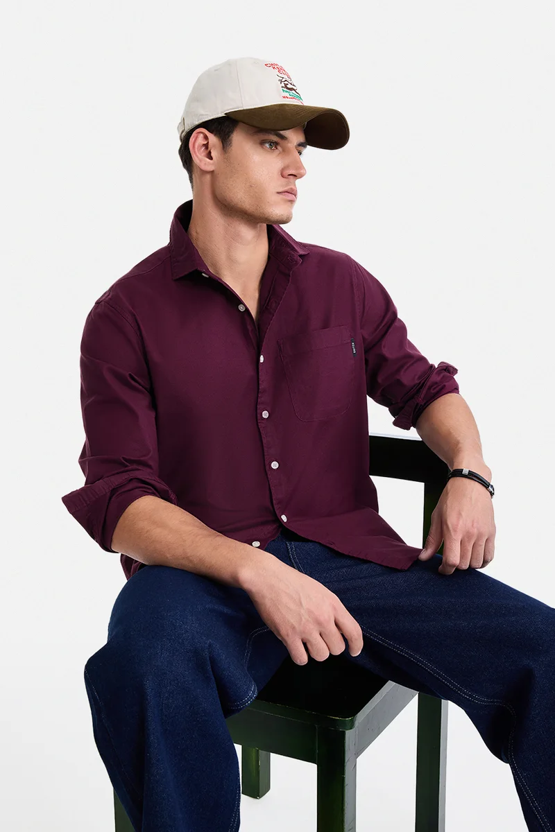 SNITCH Maroon Solid Long Sleeve Regular Fit Casual Shirt
