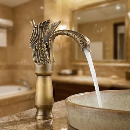 InArt Innovative Swan Shape Brass Basin High Neck Long Body Sink Faucet Bathroom Single Lever Hole Basin Mixer/Hot & Cold Wash Basin Mixer/Tall Body Basin tap Swan Faucet (Antique Color) - Image 5