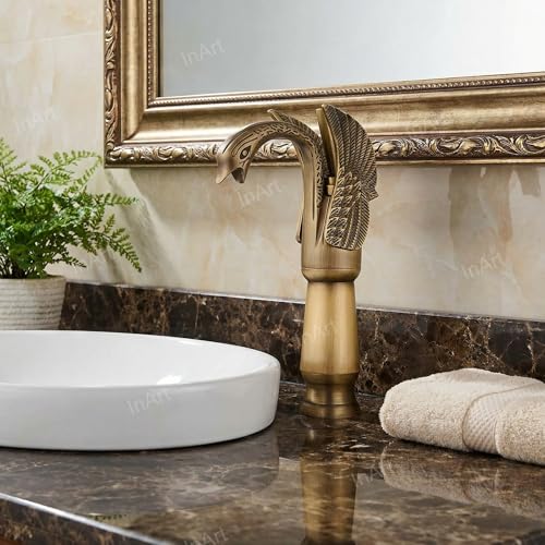 InArt Innovative Swan Shape Brass Basin High Neck Long Body Sink Faucet Bathroom Single Lever Hole Basin Mixer/Hot & Cold Wash Basin Mixer/Tall Body Basin tap Swan Faucet (Antique Color) - Image 4