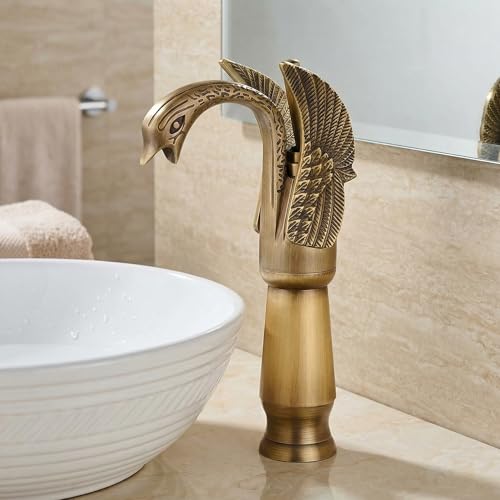 InArt Innovative Swan Shape Brass Basin High Neck Long Body Sink Faucet Bathroom Single Lever Hole Basin Mixer/Hot & Cold Wash Basin Mixer/Tall Body Basin tap Swan Faucet (Antique Color) - Image 1