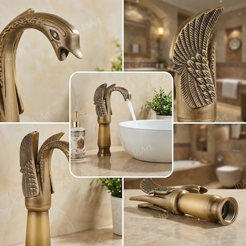 InArt Innovative Swan Shape Brass Basin High Neck Long Body Sink Faucet Bathroom Single Lever Hole Basin Mixer/Hot & Cold Wash Basin Mixer/Tall Body Basin tap Swan Faucet (Antique Color) - Image 3