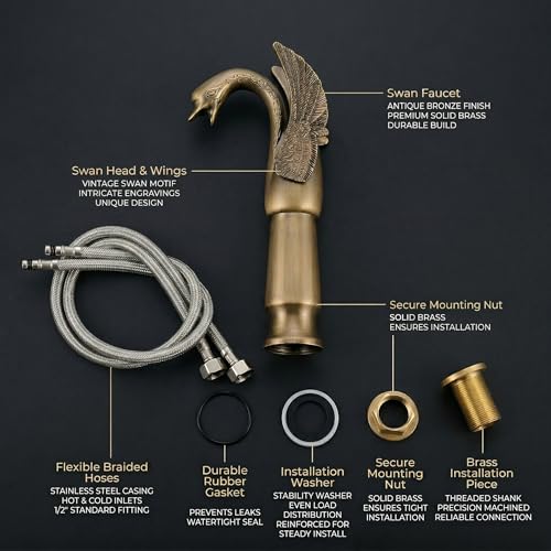 InArt Innovative Swan Shape Brass Basin High Neck Long Body Sink Faucet Bathroom Single Lever Hole Basin Mixer/Hot & Cold Wash Basin Mixer/Tall Body Basin tap Swan Faucet (Antique Color) - Image 2
