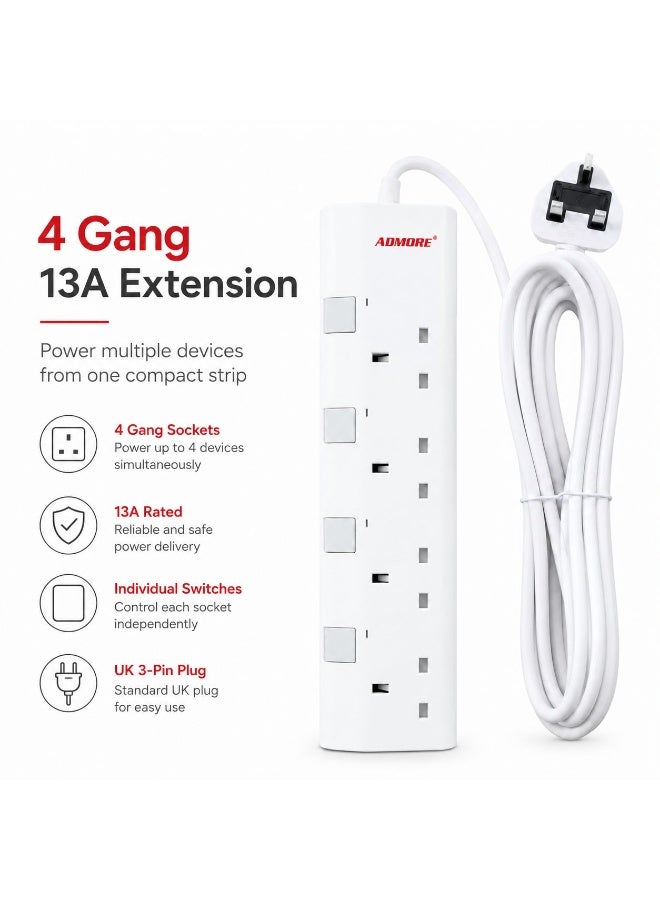 ADMORE 4-Gang 5-Meter Type G Extension Cord with Individual Switches & Indicator Lights | ESMA Approved, 3250W Max Power, 13A, Heavy Duty Cable | Power Strip for Home, Office, Appliances - Image 2
