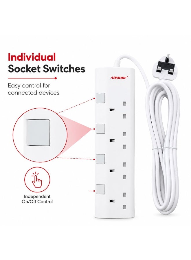 ADMORE 4-Gang 5-Meter Type G Extension Cord with Individual Switches & Indicator Lights | ESMA Approved, 3250W Max Power, 13A, Heavy Duty Cable | Power Strip for Home, Office, Appliances - Image 3