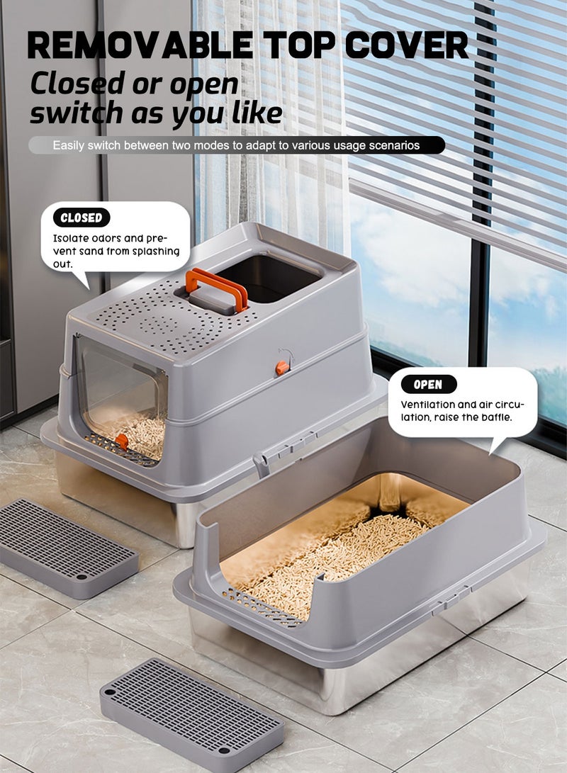 كيدل صندوق القمامة القط المحمول من الفولاذ المقاوم للصدأ مغلق صناديق القمامة القط مع غطاء الجوانب العالية غير اللاصقة ومكافحة التسرب - Image 2