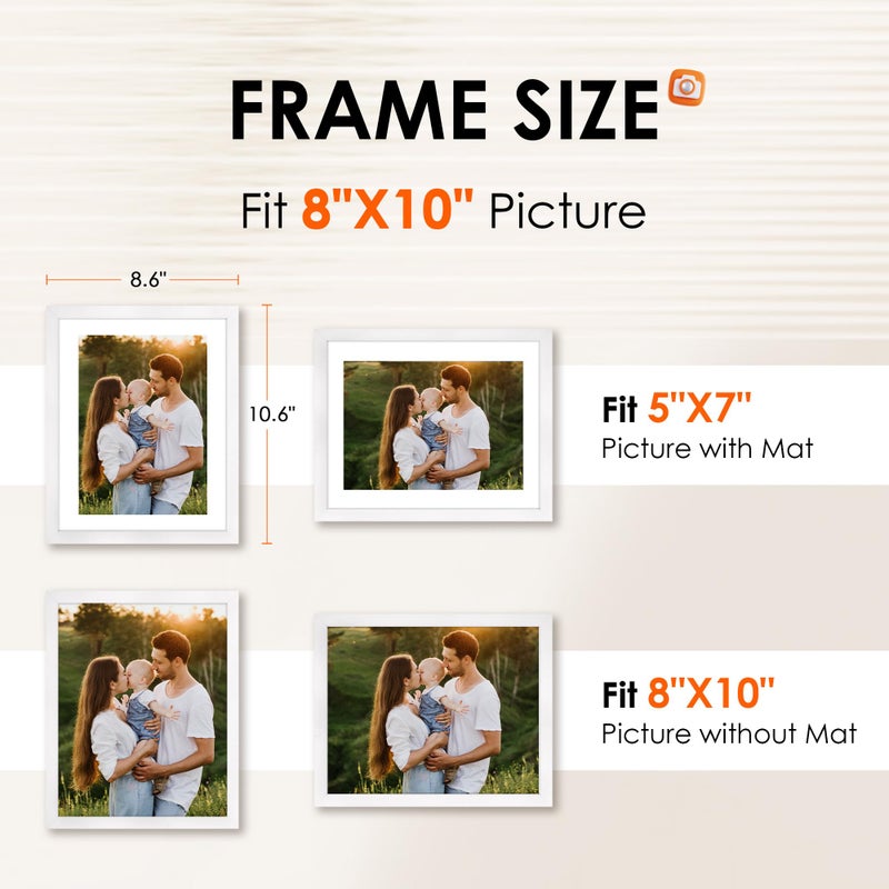 FIXSMITH 8x10 Picture Frame Set of 2, Photo Frame with HD Plexiglass, Display Pictures 5x7 with Mat or 8x10 Without Mat, White Picture Frames Collage for Tabletop or Wall Display - Image 2