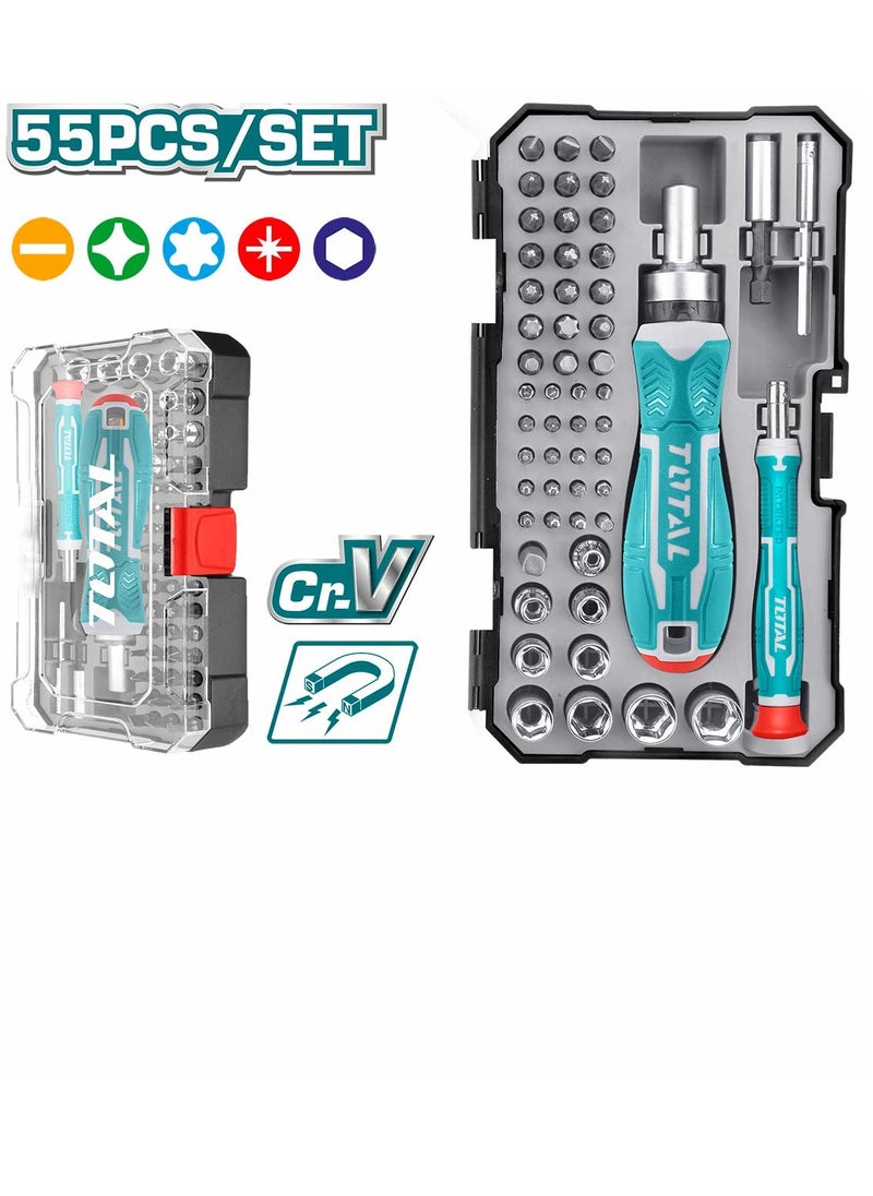 TOTAL TOTAL 55Pcs Screwdriver Bits Set with Precision Bits, Ratchet Handle, and Socket Adapters for Automotive, DIY, and Professional Use | 6.35mm & 4mm Bits  - Image 1
