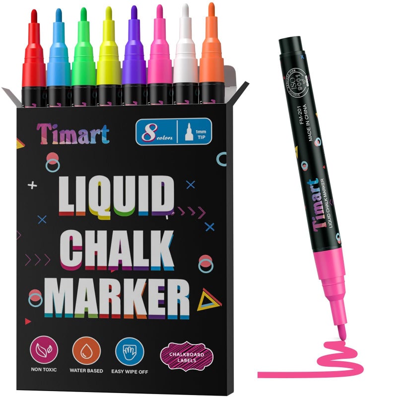 Timart Extra Fine Tip Chalk Markers 8 Pack 1mm Point Liquid Chalk Pens Dry Erase Marker Pens for Blackboard Chalkboards Windows Glass Bistro Cars Signs Chalkboard Labels Included
