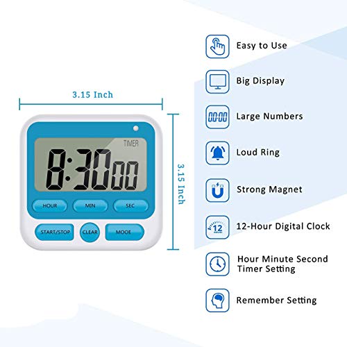Rumcnjen 24-Hours Digital Kitchen Timer, Upgraded 12-Hour Display Clock, Big Digits, Loud Alarm, Magnetic Backing Stand, Count-Up & Count Down, Kids Timers for Cooking Baking Classroom Teachers Games(4 Pack) - Image 3