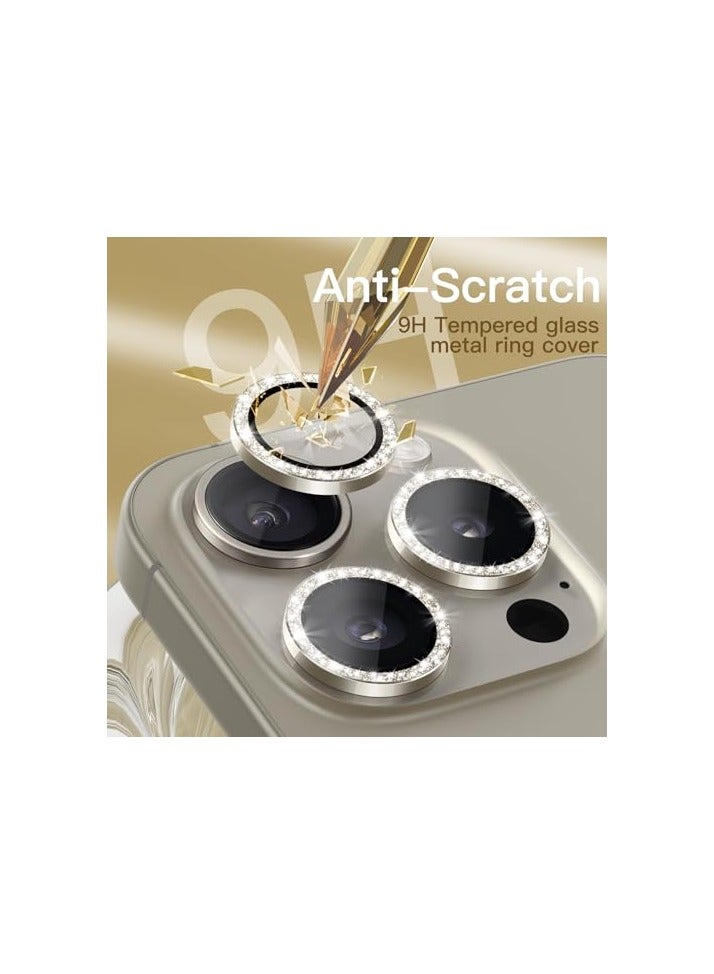 JETech Camera Lens Protector for iPhone 15 Pro 6.1-Inch and iPhone 15 Pro Max 6.7-Inch, Bling Glitter Individual 9H Tempered Glass Metal Ring Cover, HD Clear, 1 Set (Natural Titanium) - Image 3