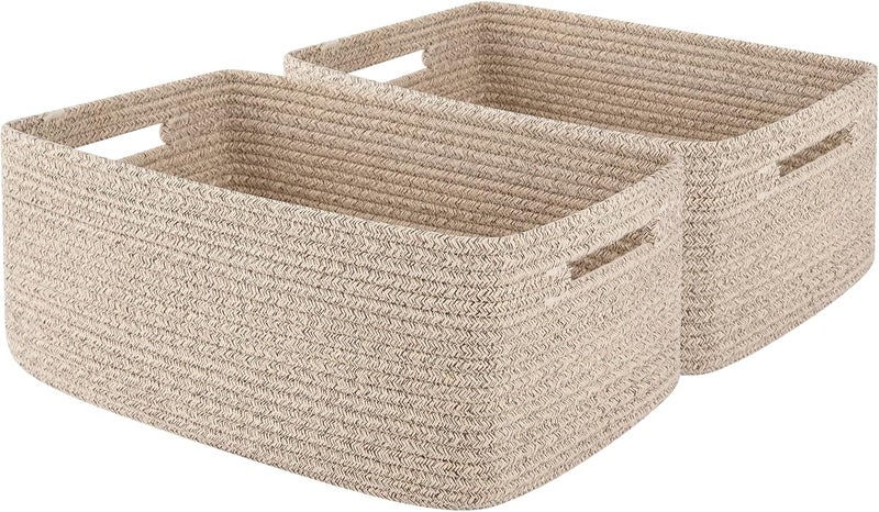 OIAHOMY Storage Basket for Shelves Closet Cube Storage Bins Baskets for Clothes Blanket Towels Baby Nursery Toy Box Woven Rope Basket 15751181709 IN 2 Packs Brown - Image 1