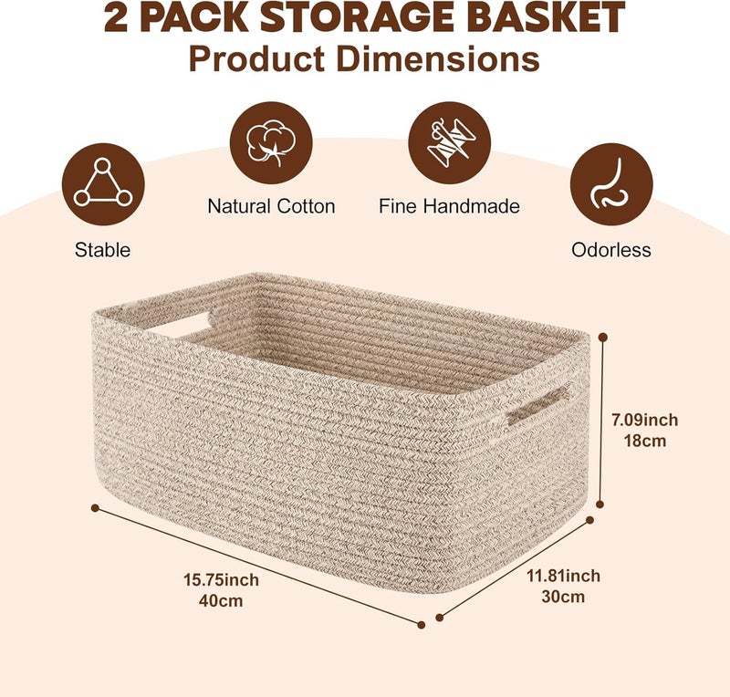 OIAHOMY Storage Basket for Shelves Closet Cube Storage Bins Baskets for Clothes Blanket Towels Baby Nursery Toy Box Woven Rope Basket 15751181709 IN 2 Packs Brown - Image 2