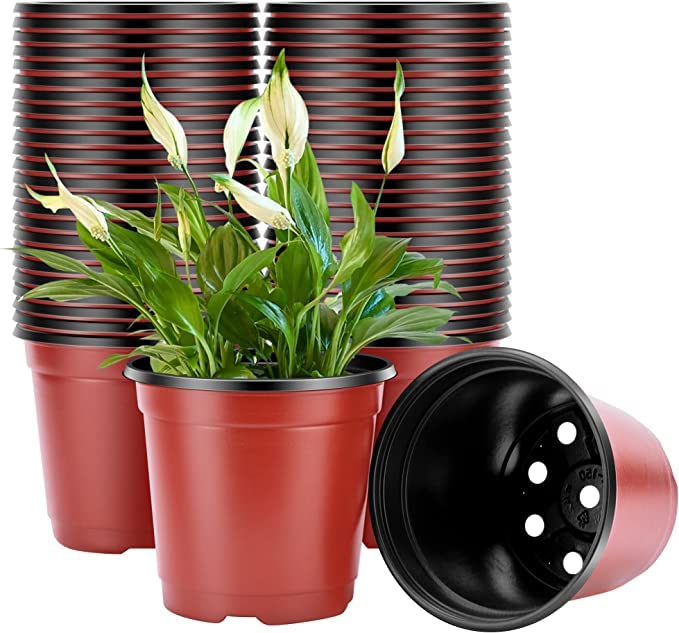 Tim Tim Agro 6 Inch Nursery Pots, 25 Packs Variety Plastic Flexible Pots with Drainage Hole, Plant Containers for Seedlings, Succulents, Transplanting(Red & Black - Round) - Image 1