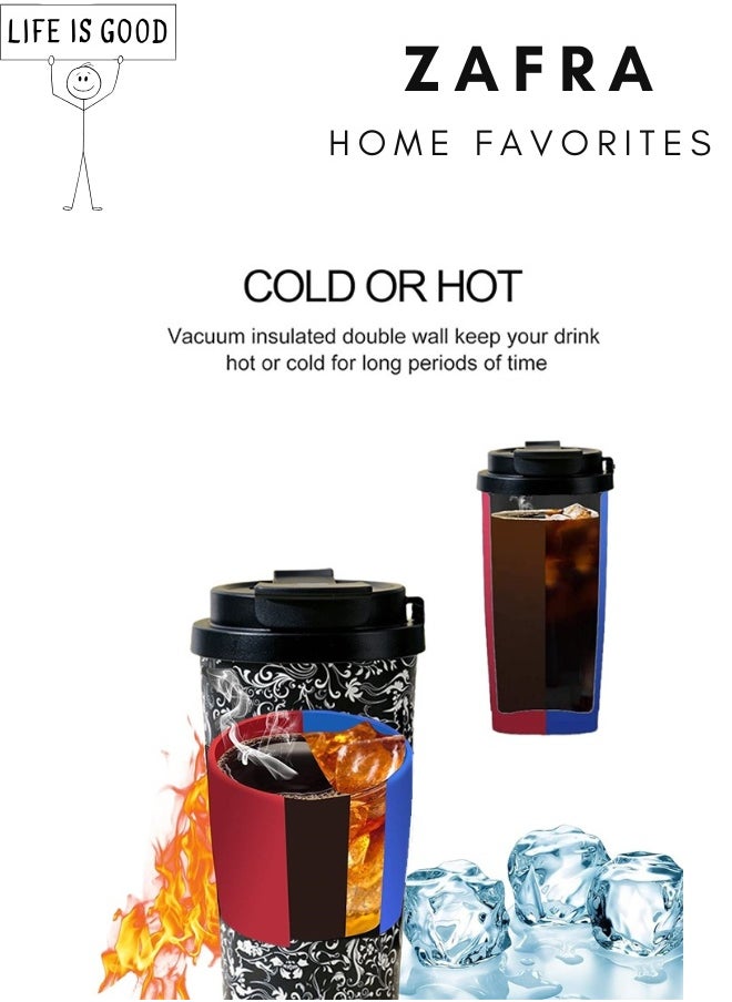 ZAFRA Arabesque Print Travel Mug, 500ML Stainless Steel Vacuum Tumbler With 8H Ice Retention - Leakproof For Office & Desert, Black & White Floral Design