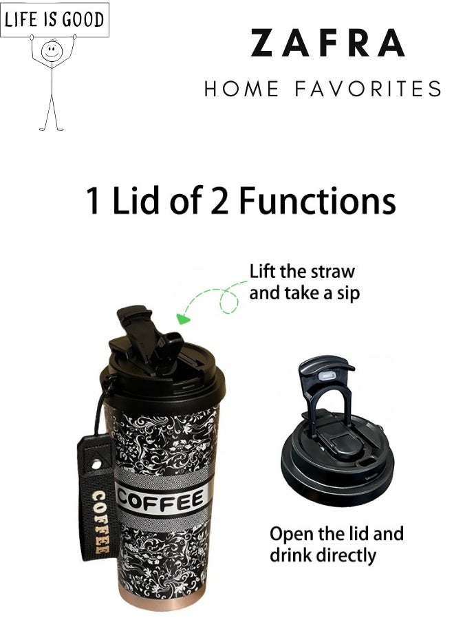 ZAFRA Arabesque Print Travel Mug, 500ML Stainless Steel Vacuum Tumbler With 8H Ice Retention - Leakproof For Office & Desert, Black & White Floral Design