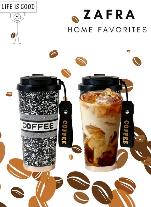ZAFRA Arabesque Print Travel Mug, 500ML Stainless Steel Vacuum Tumbler With 8H Ice Retention - Leakproof For Office & Desert, Black & White Floral Design