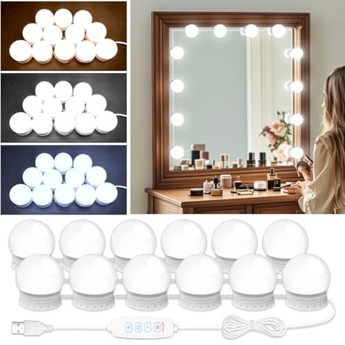 NEWKAZ LED Vanity Mirror Lights with 12 Stick On Dimmable Bulbs, 3000K 4500K 6500K & 10 Brightness Levels Adjustable, Plug in USB Cable, Hollywood Style Mirror Lights for Makeup Desk Bathroom Dressing Room - Image 1