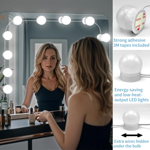 NEWKAZ LED Vanity Mirror Lights with 12 Stick On Dimmable Bulbs, 3000K 4500K 6500K & 10 Brightness Levels Adjustable, Plug in USB Cable, Hollywood Style Mirror Lights for Makeup Desk Bathroom Dressing Room - Image 4