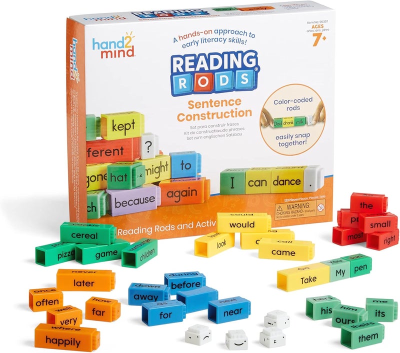 hand2mind Reading Rods Sentence Construction, Sentence Building for Kids, Parts of Speech Linking Cubes, Learn to Read Toys, Reading Tools for Kids, Science of Reading Manipulatives - Image 1