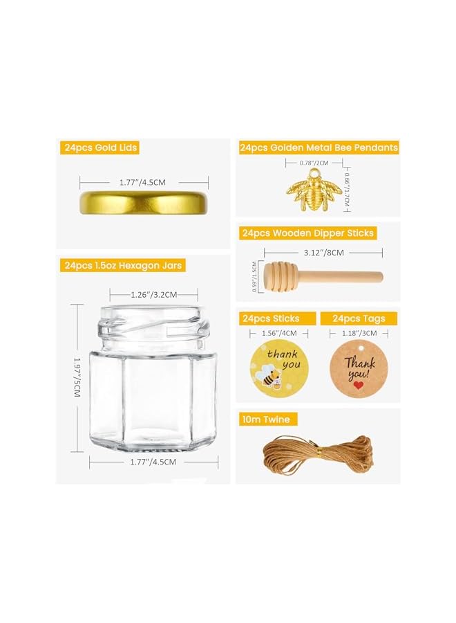 The Bros 24Pack 1.5oz Mini Hexagon Honey Jars with Wooden Dippers – Glass Honey Jars with Gold Lids, Tags, Stickers, Bee Pendants & 12m Twine – Perfect for Baby Showers, Wedding & Party Favors - Image 2