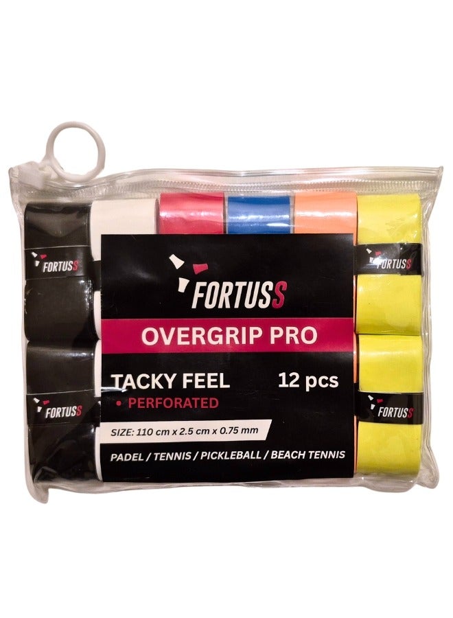 FORTUSS Tacky Feel Padel Overgrip Perforated – 12 PCS | Premium PU Grip Tape for Padel, Tennis, Pickleball & Beach Tennis | Non-Slip, Sweat-Absorbent & Durable | 110 cm x 2.5 cm x 0.75 mm (Multicolor)