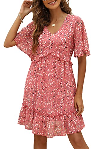 Manydress Women's Summer Floral Print V Neck Casual Mini Boho Ruffle Swing Dress MY068 (Pink Print, L) - Image 1