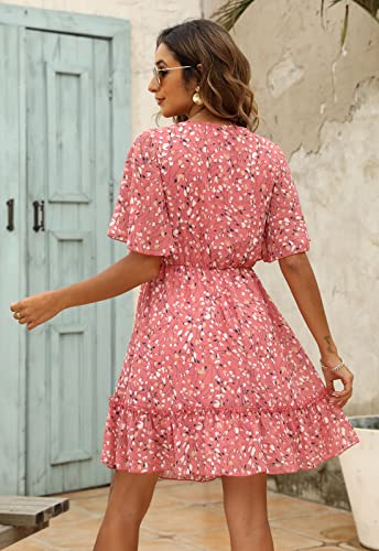 Manydress Women's Summer Floral Print V Neck Casual Mini Boho Ruffle Swing Dress MY068 (Pink Print, L) - Image 2