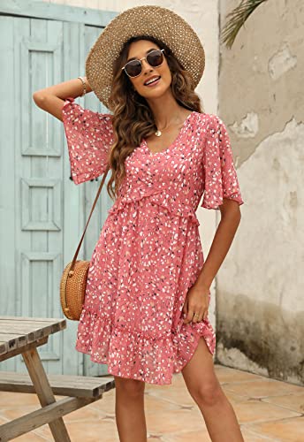 Manydress Women's Summer Floral Print V Neck Casual Mini Boho Ruffle Swing Dress MY068 (Pink Print, L) - Image 4