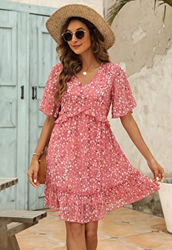 Manydress Women's Summer Floral Print V Neck Casual Mini Boho Ruffle Swing Dress MY068 (Pink Print, L) - Image 5