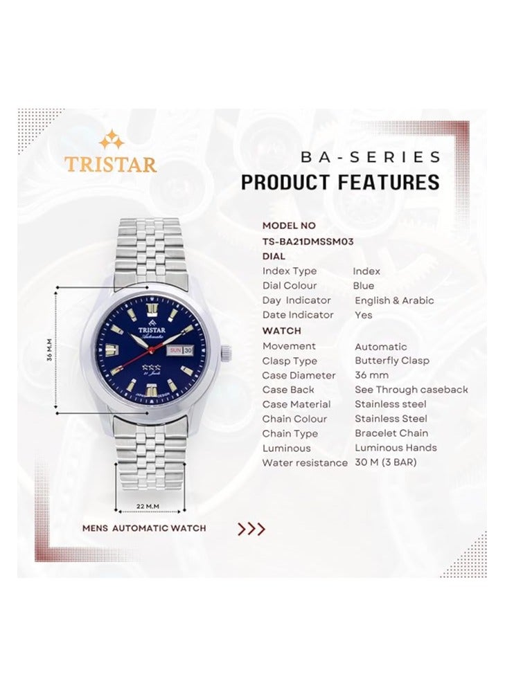 Tristar Automatic Blue Dial Stainless Steel Men's Watch BA21DMSSM03 - Image 3