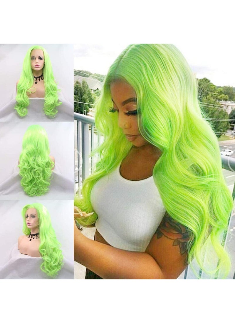 Xiweiya xiweiya Neon Green Wave Real Hair Wig Fluorescent Green Handmade Synthetic Lace Front Wigs for Women Long Body Wave Pastel Green Wig Preplucked Hairline Replacement for Cosplay Party 24inch 
