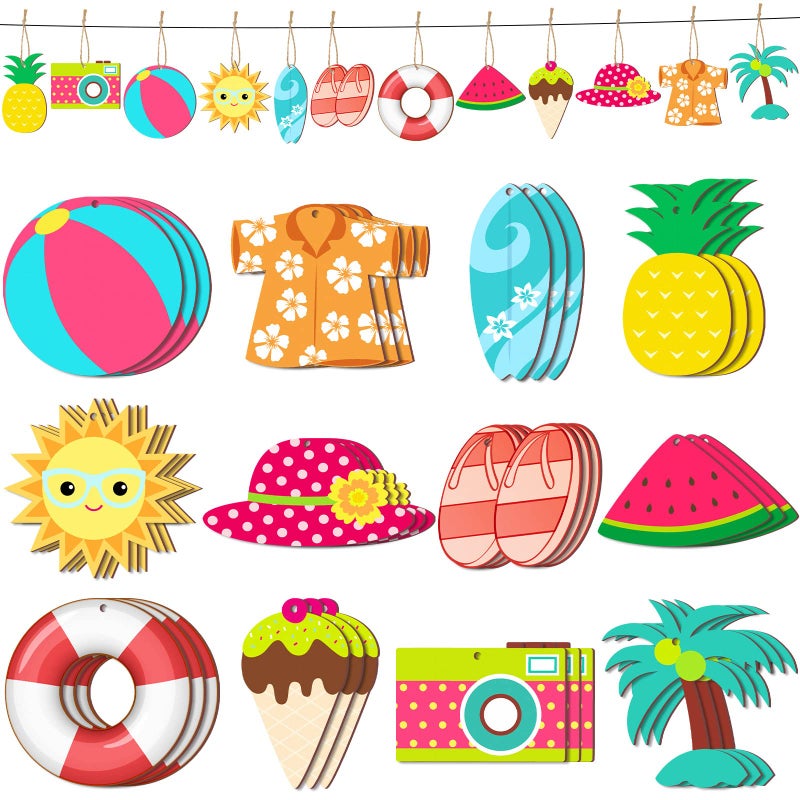 Chunful 36 Pieces Summer Ornaments for Tree Hawaiian Tree Decorations Summer Wood Hanging Ornaments Hawaiian Beach Wooden Pendant Decorations with String and Holes for Luau Party Supplies 