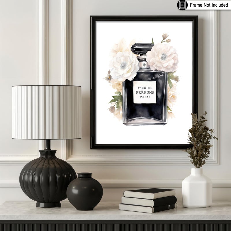 Poster Master Black Perfume Print - Fashion Poster - Modern Art - White Flower Wall Design - Gift for Men, Women & Fashionista - Minimal Decor for Living Room or Office - 8x10 UNFRAMED Wall Art - Image 3