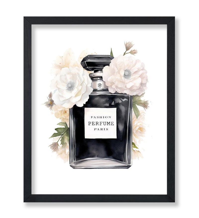 Poster Master Black Perfume Print - Fashion Poster - Modern Art - White Flower Wall Design - Gift for Men, Women & Fashionista - Minimal Decor for Living Room or Office - 8x10 UNFRAMED Wall Art - Image 1