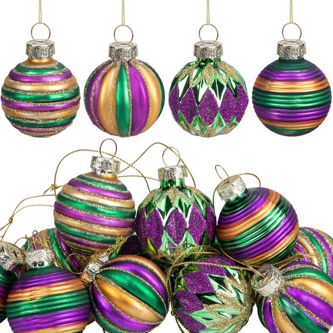 12 PCS MARDI GRAS GLASS BALL ORNAMENTS15 INCH MARDI GRAS GLITTER HANGING BALL NEW ORLEANS PURPLE GREEN GOLD ORNAMENTS FOR MARDI GRAS HOLIDAY MASQUERADE PARTY DECORATIONS