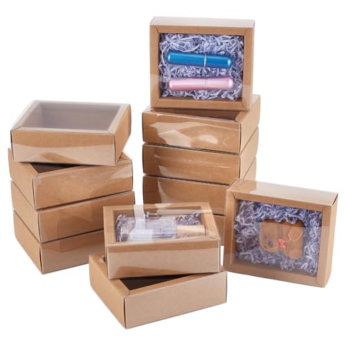 BENECREAT 12PCS Brown Kraft Gift Drawer Box Plastic Lidded Gift Drawer Box with PVC Clear Window for Jewellery Candy Gift Wrapping Party Favours 417x339x157 Inch - Image 1