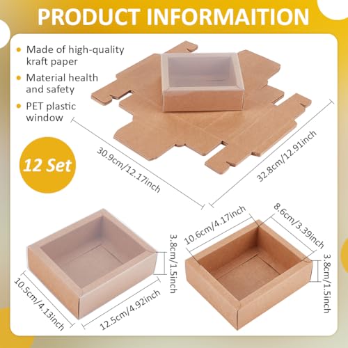 BENECREAT 12PCS Brown Kraft Gift Drawer Box Plastic Lidded Gift Drawer Box with PVC Clear Window for Jewellery Candy Gift Wrapping Party Favours 417x339x157 Inch - Image 3