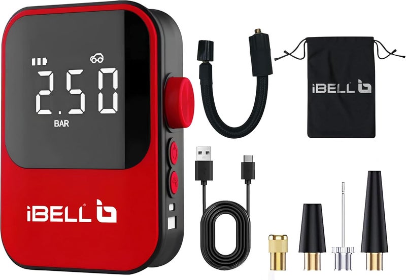 آي بيل إيبيل (IBELL) مضخة هواء محمولة PT17-93 تعمل بالبطارية، مزودة بمقياس ضغط رقمي ومصباح LED، وتتوقف تلقائيًا عند الانتهاء من العمل - Image 1